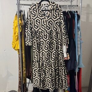 Zara Black and Cream Geometric Midi Dress